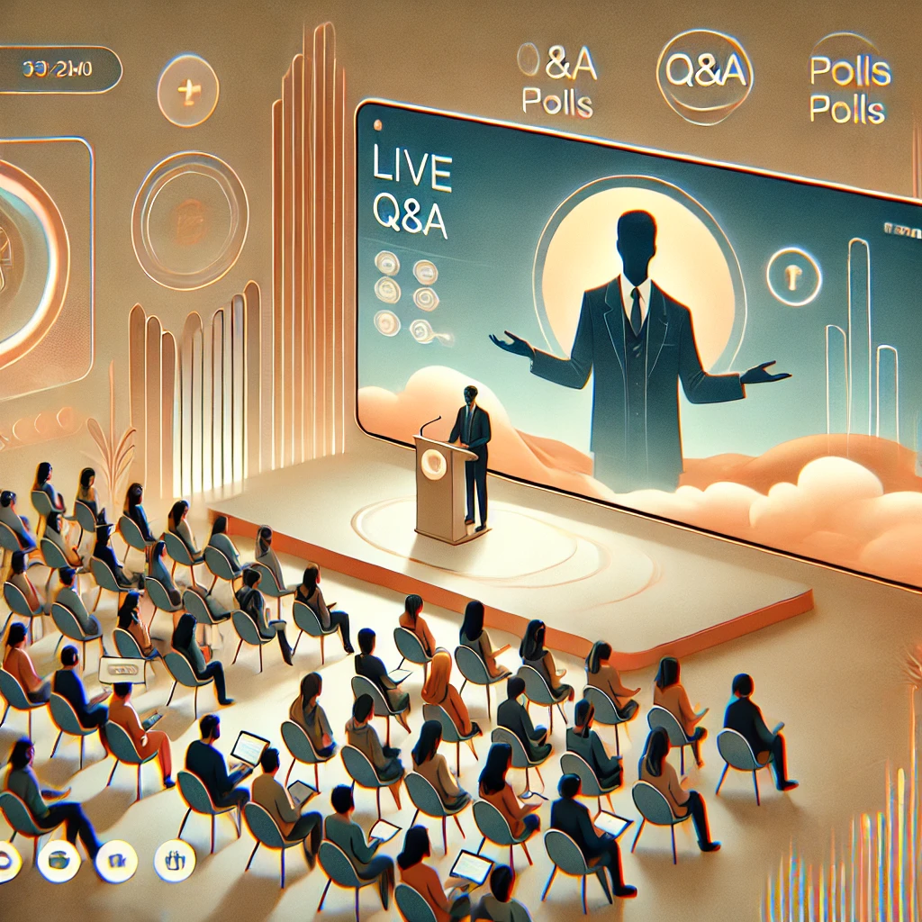 An illustrated virtual event where a speaker presents to an interactive audience. A large digital screen showcases live Q&A and polls, while attendees engage through chat and interactive tools, creating a dynamic experience.