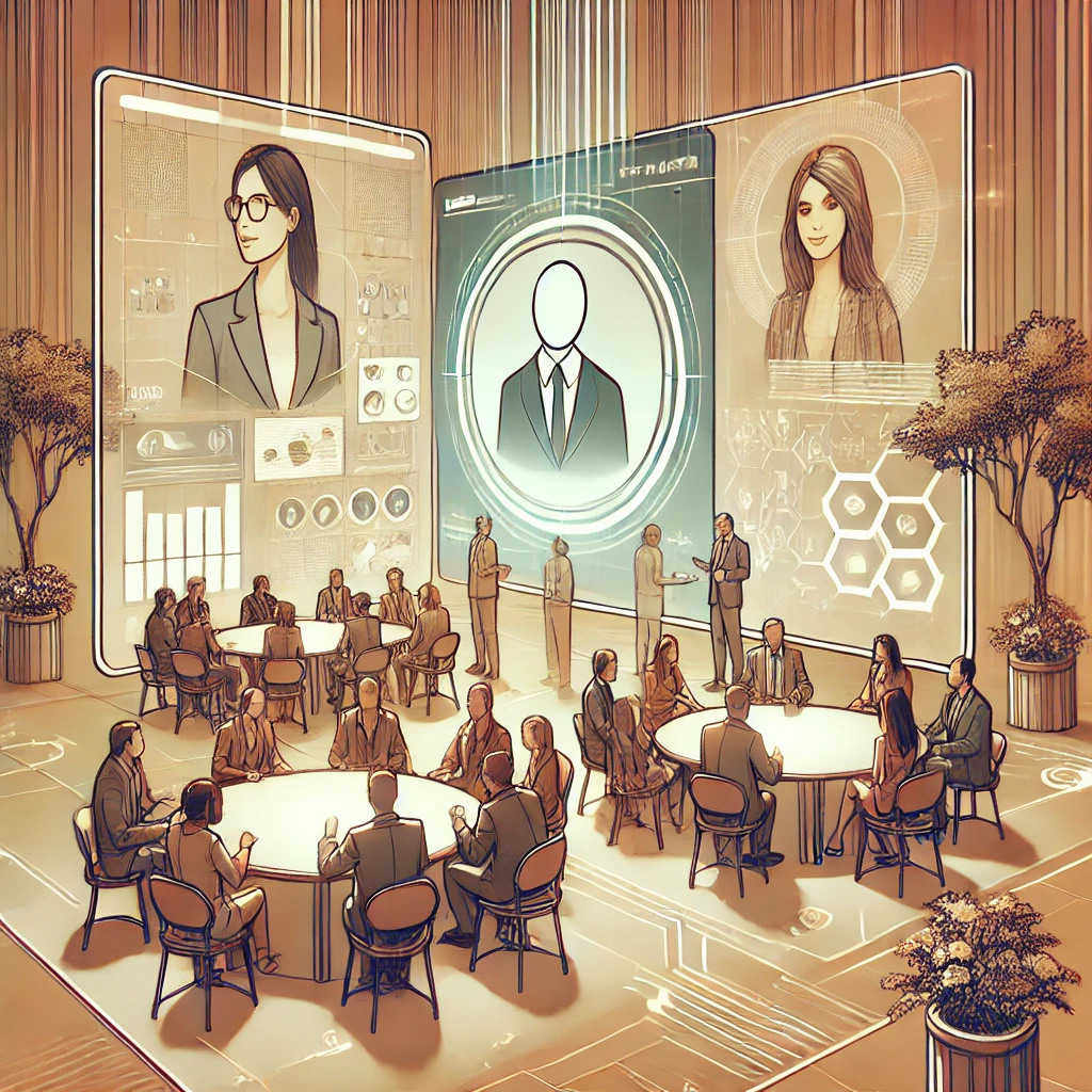 An illustrated digital networking event where attendees, represented as avatars, engage in group discussions and one-on-one conversations through a sleek virtual platform. Large screens display participant profiles, fostering seamless professional networking.