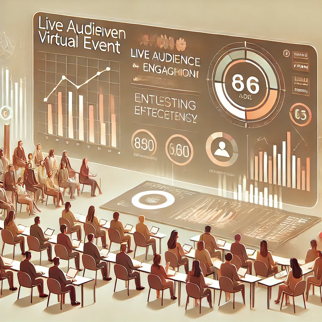 An illustrated futuristic dashboard displaying real-time audience analytics, engagement metrics, and feedback. Attendees sit in a digital event space while organizers analyze insights on participation and session effectiveness.